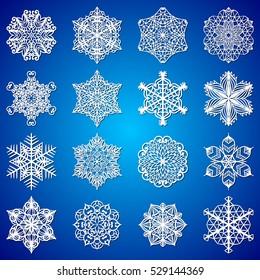 Laser cutting set of snowflakes. Merry Christmas decoration for xmas tree. Snowlakes for paper cutting, wood carving and christmas decorations. Christmas snow decore. Vector snowflakes illustration