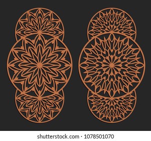 Laser cutting set. Wall panels. Jigsaw die cut ornaments. Lacy cutout silhouette stencils. Fretwork floral patterns. Vector template for paper cutting, metal and woodcut.