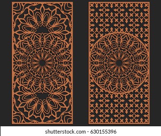 Laser cutting set. Wall panels. Jigsaw die cut ornaments. Lacy cutout silhouette stencils. Fretwork floral patterns. Vector template for paper cutting, metal and woodcut.