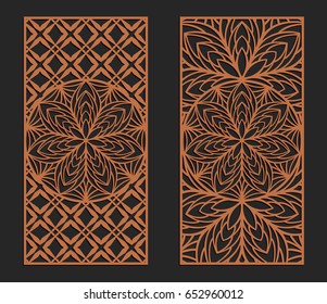 Juego de corte láser. Paneles de pared. Los adornos cortados de jigsaw. Esténciles de silueta cortadas de encaje. Modalidades florales de trabajo libre. Plantilla vectorial para corte de papel, metal y carpintería.