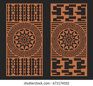 Laser cutting set. Wall panels. Jigsaw die cut ornaments. Lacy cutout silhouette stencils. Fretwork floral patterns with meander ornament. Vector template for paper cutting, metal and woodcut