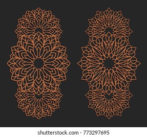 Laser cutting set. Wall panels. Jigsaw die cut ornaments. Lacy cutout silhouette stencils. Fretwork floral patterns. Vector template for paper cutting, metal and woodcut.
