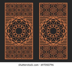 Laser cutting set. Wall or window panels. Jigsaw die cut ornaments. Lacy cutout silhouette stencils. Fretwork floral patterns. Vector template for paper cutting, metal and woodcut.