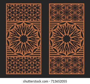 Laser cutting set. Wall or window panels. Jigsaw die cut ornaments. Lacy cutout silhouette stencils. Fretwork floral patterns. Vector template for paper cutting, metal and woodcut