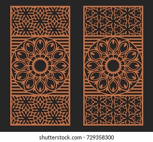 Laser cutting set. Wall or window panels. Jigsaw die cut ornaments. Lacy cutout silhouette stencils. Fretwork floral patterns. Vector template for paper cutting, metal and woodcut.