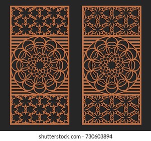 Laser cutting set. Wall or window panels. Jigsaw die cut ornaments. Lacy cutout silhouette stencils. Fretwork floral patterns. Vector template for paper cutting, metal and woodcut.