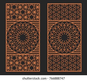 Laser cutting set. Wall or window panels. Jigsaw die cut ornaments. Lacy cutout silhouette stencils. Fretwork floral patterns. Vector template for paper cutting, metal and woodcut.