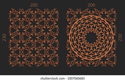 Laser cutting set. Woodcut vector trellis panels. Plywood lasercut floral design. Hexagonal seamless patterns for printing, engraving, paper cut. Stencil lattice ornaments.