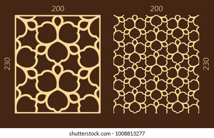 Laser cutting set. Woodcut vector trellis panel. Plywood lasercut eastern design. Hexagonal seamless pattern for printing, engraving, paper cutting. Stencil lattice ornament.