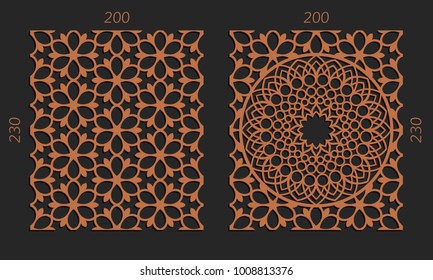 Laser cutting set. Woodcut vector trellis panels. Plywood lasercut floral design. Hexagonal seamless patterns for printing, engraving, paper cut. Stencil lattice ornaments.