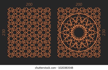 Juego de corte láser. Paneles de trébol vectorial de madera. Diseño floral de leña. Patrones Hexagonal sin fisuras para impresión, grabado, corte de papel. Ornamentos de entramado de esténcil.