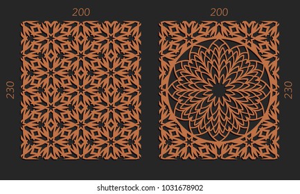 Laser cutting set. Woodcut vector trellis panels. Plywood lasercut floral design. Hexagonal seamless patterns for printing, engraving, paper cut. Stencil lattice ornaments.