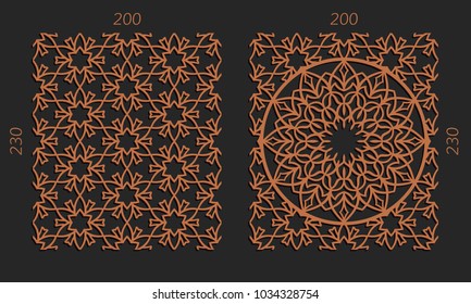 Laser cutting set. Woodcut vector trellis panels. Plywood lasercut floral design. Hexagonal seamless patterns for printing, engraving, paper cut. Stencil lattice ornaments.