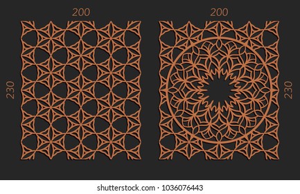 Laser cutting set. Woodcut vector trellis panels. Plywood lasercut floral design. Hexagonal seamless patterns for printing, engraving, paper cut. Stencil lattice ornaments.