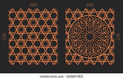 Laser cutting set. Woodcut vector trellis panels. Plywood lasercut floral design. Hexagonal seamless patterns for printing, engraving, paper cut. Stencil lattice ornaments.