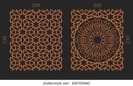 Laser cutting set. Woodcut vector trellis panels. Plywood lasercut floral design. Hexagonal seamless patterns for printing, engraving, paper cut. Stencil lattice ornaments.