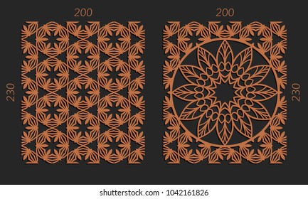 Laser cutting set. Woodcut vector trellis panels. Plywood lasercut floral design. Hexagonal seamless patterns for printing, engraving, paper cut. Stencil lattice ornaments.