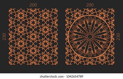 Laser cutting set. Woodcut vector trellis panels. Plywood lasercut floral design. Hexagonal seamless patterns for printing, engraving, paper cut. Stencil lattice ornaments.