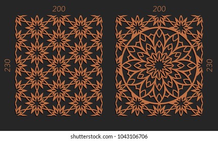 Laser cutting set. Woodcut vector trellis panels. Plywood lasercut floral design. Hexagonal seamless patterns for printing, engraving, paper cut. Stencil lattice ornaments.
