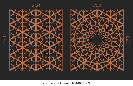 Laser cutting set. Woodcut vector trellis panels. Plywood lasercut floral design. Hexagonal seamless patterns for printing, engraving, paper cut. Stencil lattice ornaments.