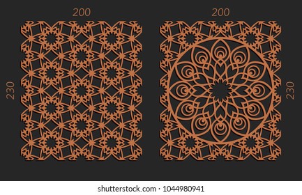 Laser cutting set. Woodcut vector trellis panels. Plywood lasercut floral design. Hexagonal seamless patterns for printing, engraving, paper cut. Stencil lattice ornaments.