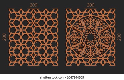 Laser cutting set. Woodcut vector trellis panels. Plywood lasercut floral design. Hexagonal seamless patterns for printing, engraving, paper cut. Stencil lattice ornaments.