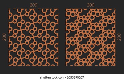 Laser cutting set. Woodcut vector trellis panels. Plywood lasercut design. Hexagonal seamless patterns for printing, engraving, paper cut. Stencil lattice ornaments.