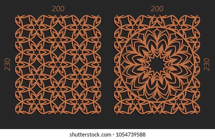 Laser cutting set. Woodcut vector trellis panels. Plywood lasercut floral design. Hexagonal seamless patterns for printing, engraving, paper cut. Stencil lattice ornaments.