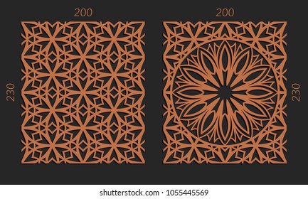 Laser cutting set. Woodcut vector trellis panels. Plywood lasercut floral design. Hexagonal seamless patterns for printing, engraving, paper cut. Stencil lattice ornaments.