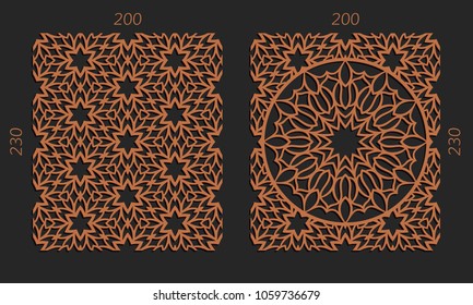 Laser cutting set. Woodcut vector trellis panels. Plywood lasercut floral design. Hexagonal seamless patterns for printing, engraving, paper cut. Stencil lattice ornaments.