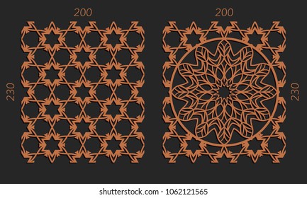 Laser cutting set. Woodcut vector trellis panels. Plywood lasercut floral design. Hexagonal seamless patterns for printing, engraving, paper cut. Stencil lattice ornaments.