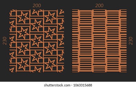 Laser cutting set. Woodcut vector trellis panels. Plywood lasercut interior design. Hexagonal seamless patterns for printing, engraving, paper cut. Stencil lattice ornaments.