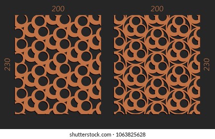 Laser cutting set. Woodcut vector trellis panels. Plywood lasercut design. Hexagonal seamless patterns for printing, engraving, paper cut. Stencil lattice ornaments.