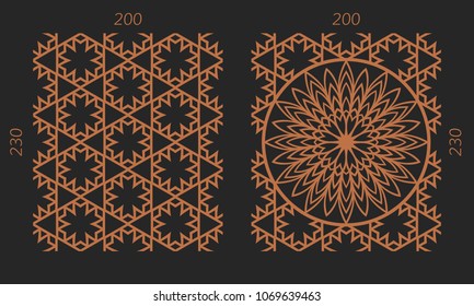 Laser cutting set. Woodcut vector trellis panels. Plywood lasercut floral design. Hexagonal seamless patterns for printing, engraving, paper cut. Stencil lattice ornaments.