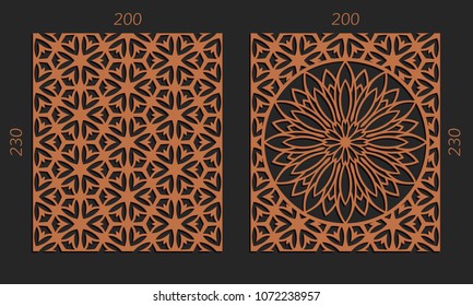 Laser cutting set. Woodcut vector trellis panels. Plywood lasercut floral design. Hexagonal seamless patterns for printing, engraving, paper cut. Stencil lattice ornaments.