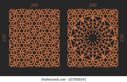 Laser cutting set. Woodcut vector trellis panels. Plywood lasercut floral design. Hexagonal seamless patterns for printing, engraving, paper cut. Stencil lattice ornaments.