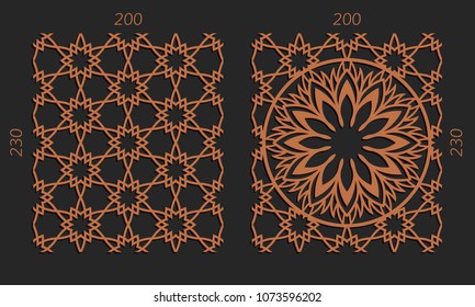 Laser cutting set. Woodcut vector trellis panels. Plywood lasercut floral design. Hexagonal seamless patterns for printing, engraving, paper cut. Stencil lattice ornaments.