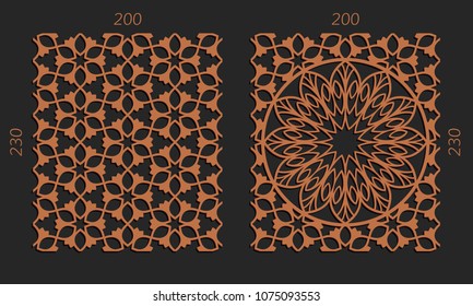 Laser cutting set. Woodcut vector trellis panels. Plywood lasercut floral design. Hexagonal seamless patterns for printing, engraving, paper cut. Stencil lattice ornaments.