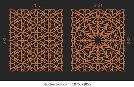 Laser cutting set. Woodcut vector trellis panels. Plywood lasercut floral design. Hexagonal seamless patterns for printing, engraving, paper cut. Stencil lattice ornaments.