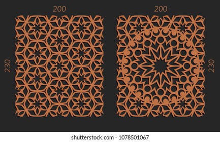 Laser cutting set. Woodcut vector trellis panels. Plywood lasercut floral design. Hexagonal seamless patterns for printing, engraving, paper cut. Stencil lattice ornaments.