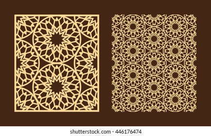 Laser cutting set. Woodcut vector panel. Plywood lasercut eastern design. Hexagonal seamless pattern for printing, engraving, paper cutting. Stencil ornament.