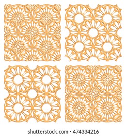 Laser cutting set. Woodcut vector patterns. Plywood lasercut rising sun design. Seamless patterns for printing, engraving, paper, wood, metal cutting. Stencil ornament.
