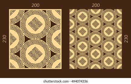 Laser cutting set. Woodcut vector panel. Plywood lasercut greek design. Hexagonal seamless pattern for printing, engraving, paper cutting. Stencil meander ornament.