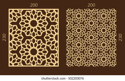 Laser cutting set. Woodcut vector panel. Plywood lasercut eastern design. Hexagonal seamless pattern for printing, engraving, paper cutting. Stencil ornament.
