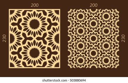 Laser cutting set. Woodcut vector panel. Plywood lasercut eastern design. Hexagonal seamless pattern for printing, engraving, paper cutting. Stencil ornament.