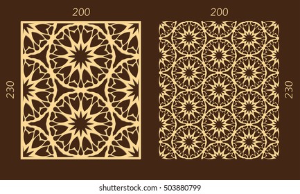 Laser cutting set. Woodcut vector panel. Plywood lasercut eastern design. Hexagonal seamless pattern for printing, engraving, paper cutting. Stencil ornament.