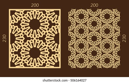 Laser cutting set. Woodcut vector panel. Plywood lasercut eastern design. Hexagonal seamless pattern for printing, engraving, paper cutting. Stencil ornament.