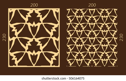 Laser cutting set. Woodcut vector panel. Plywood lasercut eastern design. Hexagonal seamless pattern for printing, engraving, paper cutting. Stencil ornament.