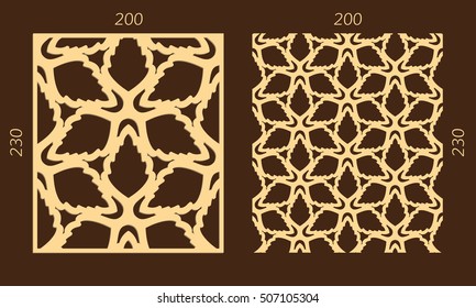 Laser cutting set. Woodcut vector panel. Plywood lasercut eastern design. Hexagonal seamless pattern for printing, engraving, paper cutting. Stencil ornament with leaves.