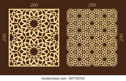 Laser cutting set. Woodcut vector panel. Plywood lasercut eastern design. Hexagonal seamless pattern for printing, engraving, paper cutting. Stencil ornament.